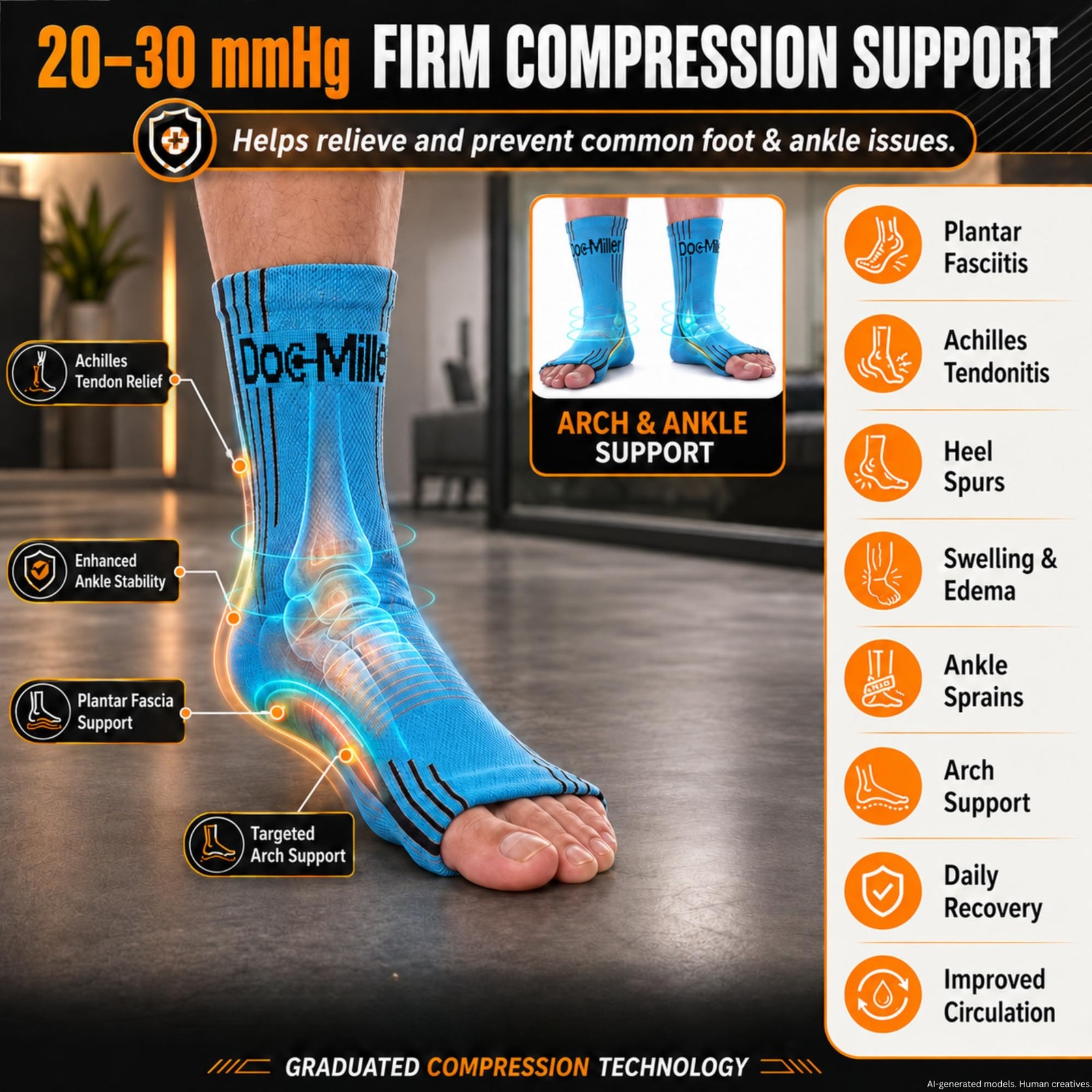 Doc Miller Plantar Fasciitis Compression Socks, 20-30mmHg, 1 2X-Large, Orange