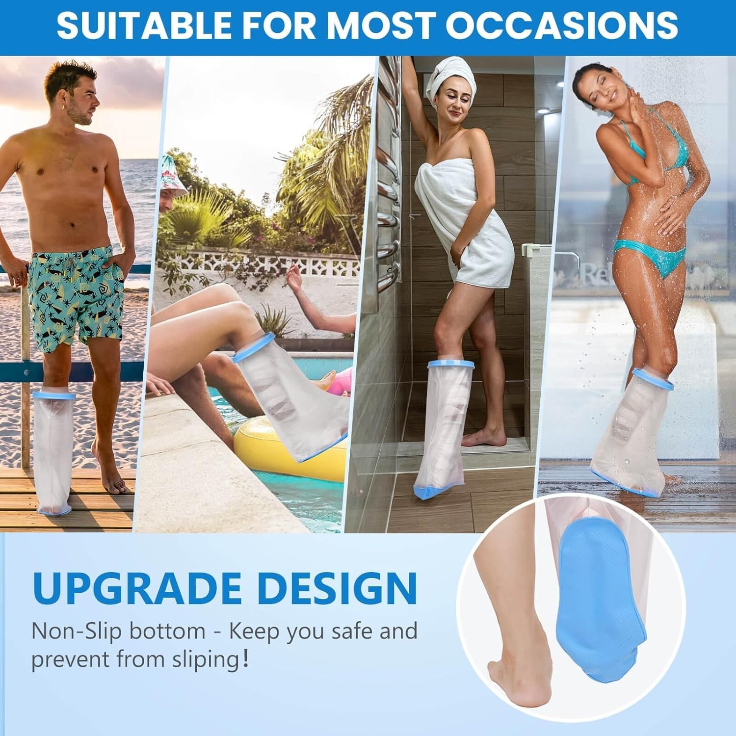 100% Waterproof Leg Cast Cover for Shower with Non-Slip Bottom Reusable Shower