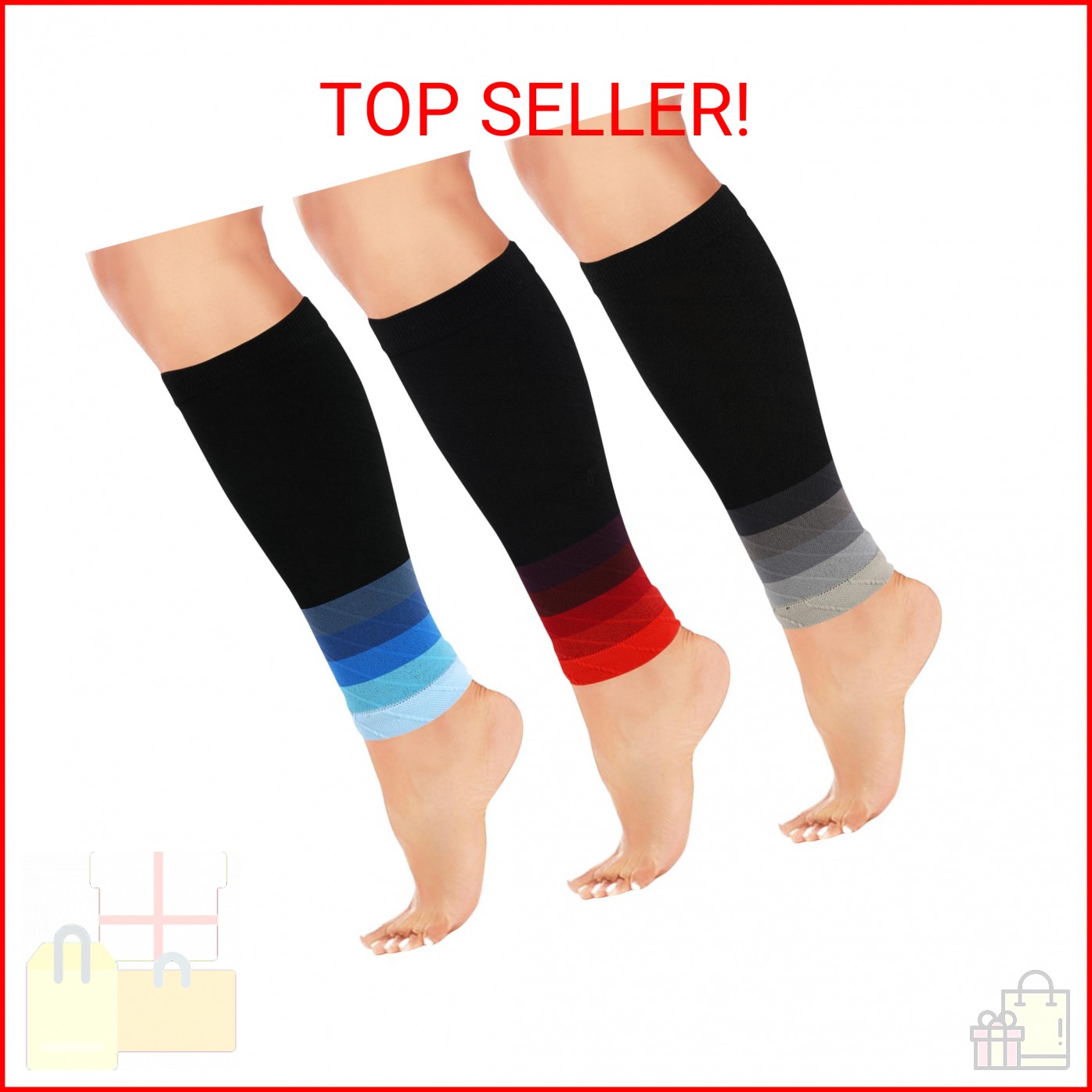 Junely 3 Pairs Calf Compression Sleeve for Men and Women Red Blue Grey