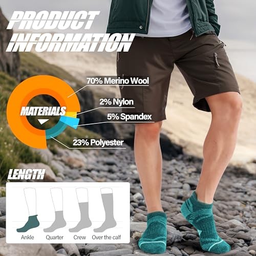 6 Pairs Merino Wool Ankle Hiking Medium Blue/Black/Green/Grey/Orange/Red