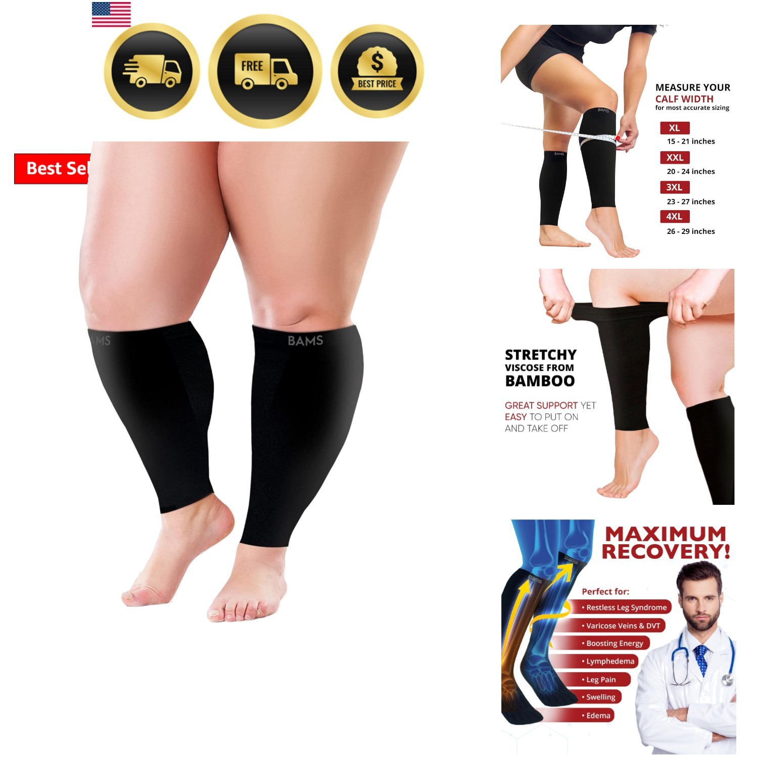 Plus Size Calf Compression Sleeve for Women & Men, Viscose from Bamboo Extra …