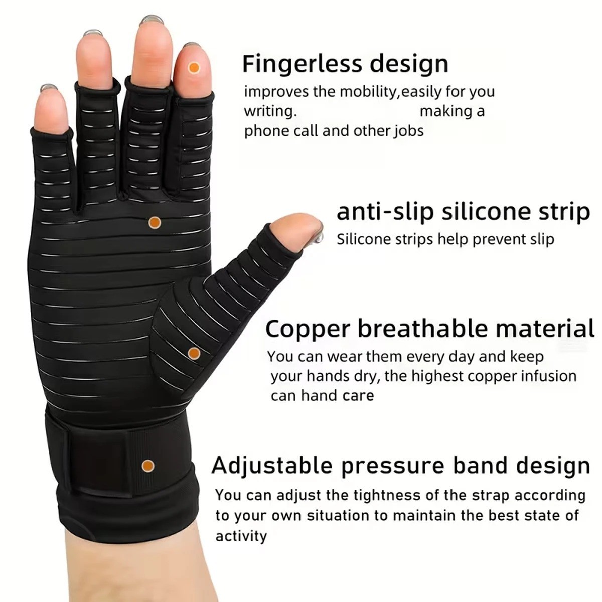 Copper Compression Gloves Anti Arthritis Fingerless Hand Support Pain Relief US