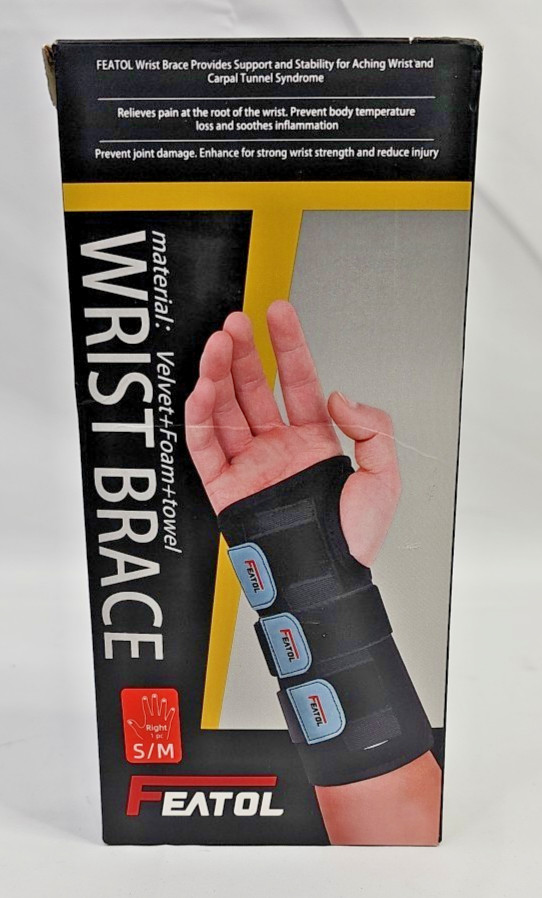 FEATOL Unisex Black Carpal Tunnel Sprain Wrist Brace sz S/M for Right Hand