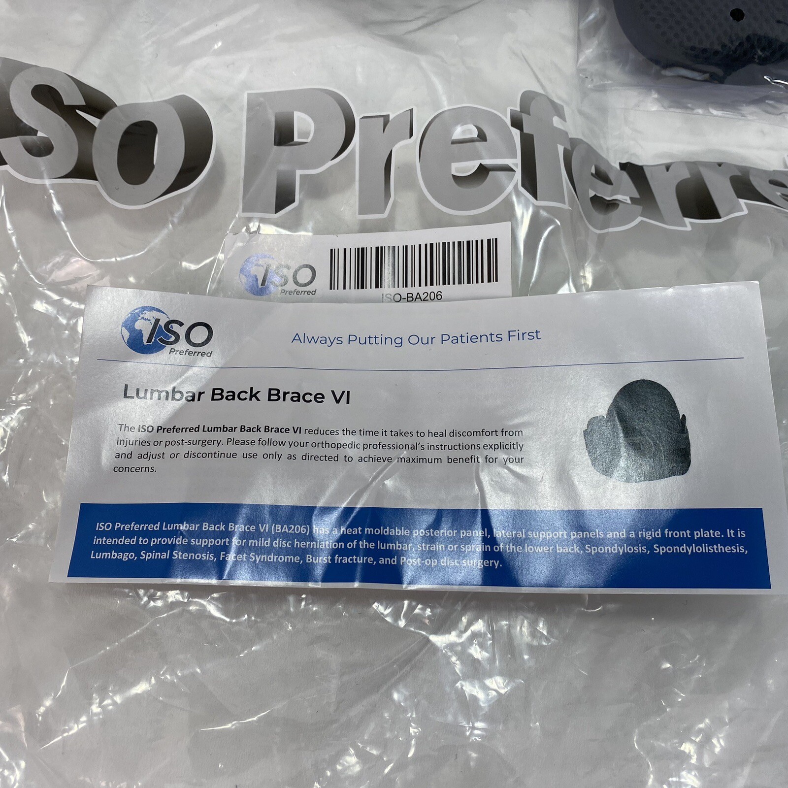 ISO Preferred Lumbar Back Brace VI ISO-BA206 Black. Sz Small: 25-32″