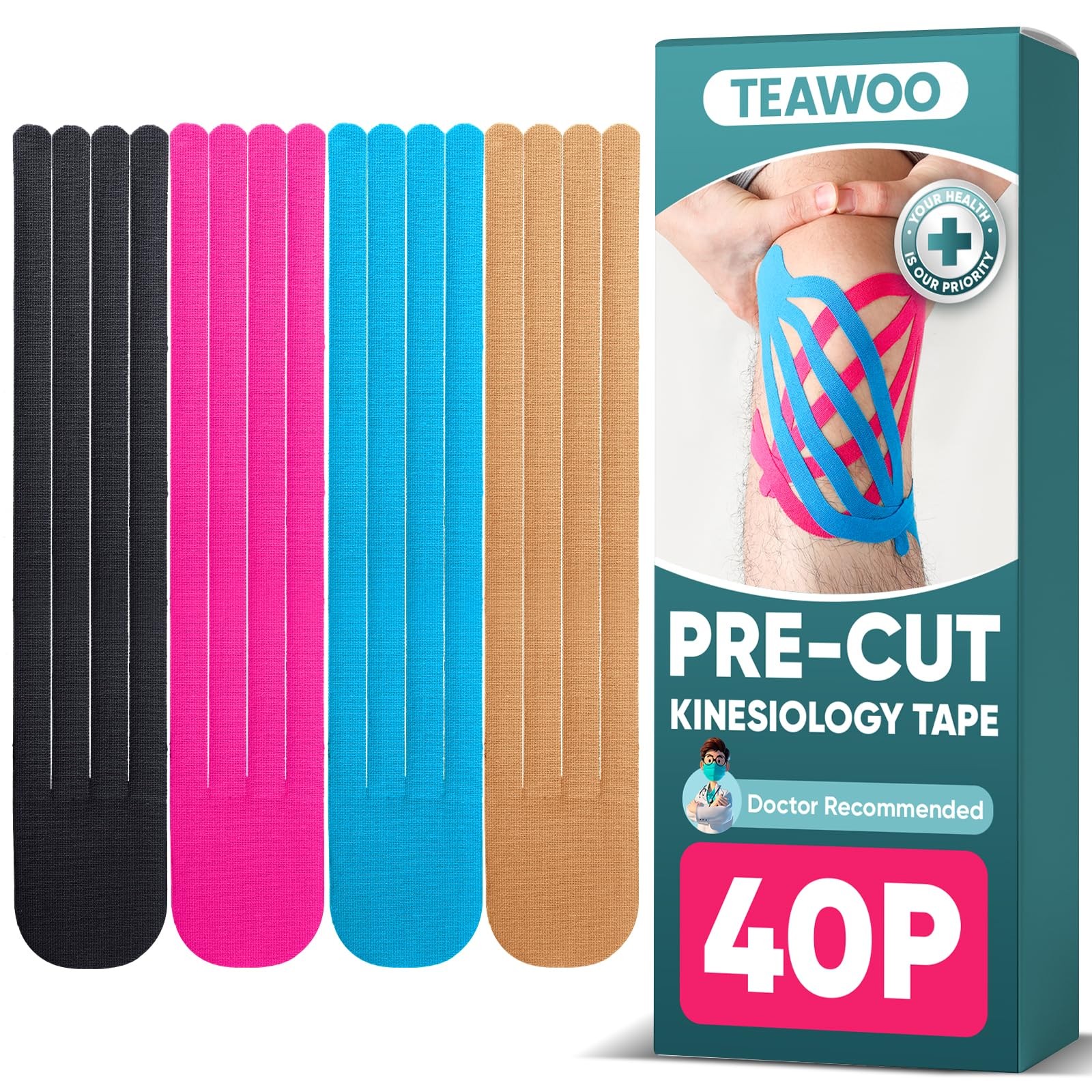 TEAWOO PreCut Kinesiology Tape 40 PCS Knee Pain Relief