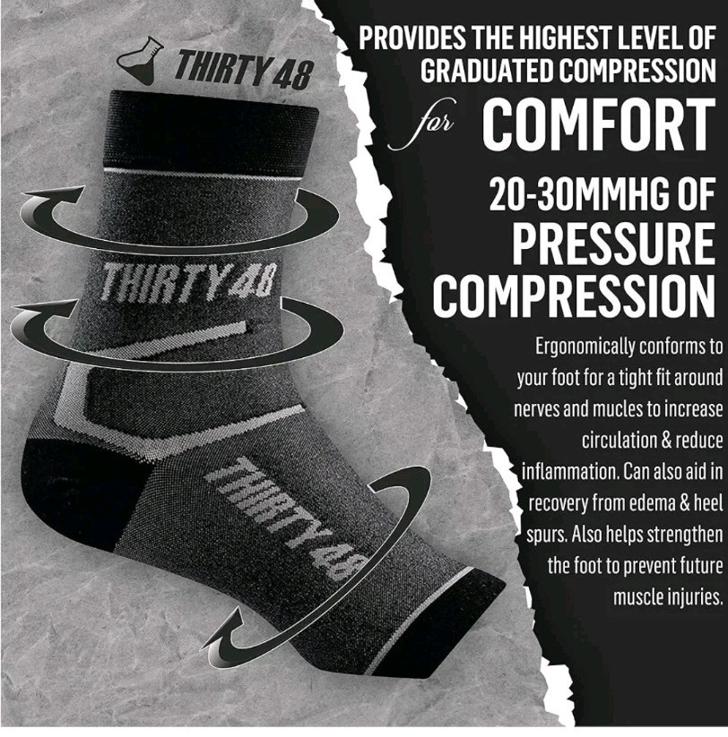 Thirty 48 Plantar Fasciitis Socks-Foot Compression Sleeves Black Size Large