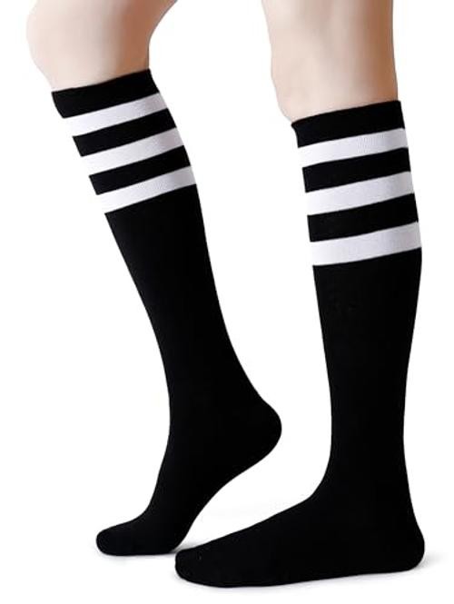 Cotton Knee High Socks Triple Stripes Over the Calf Retro 5-9 A03-black/White