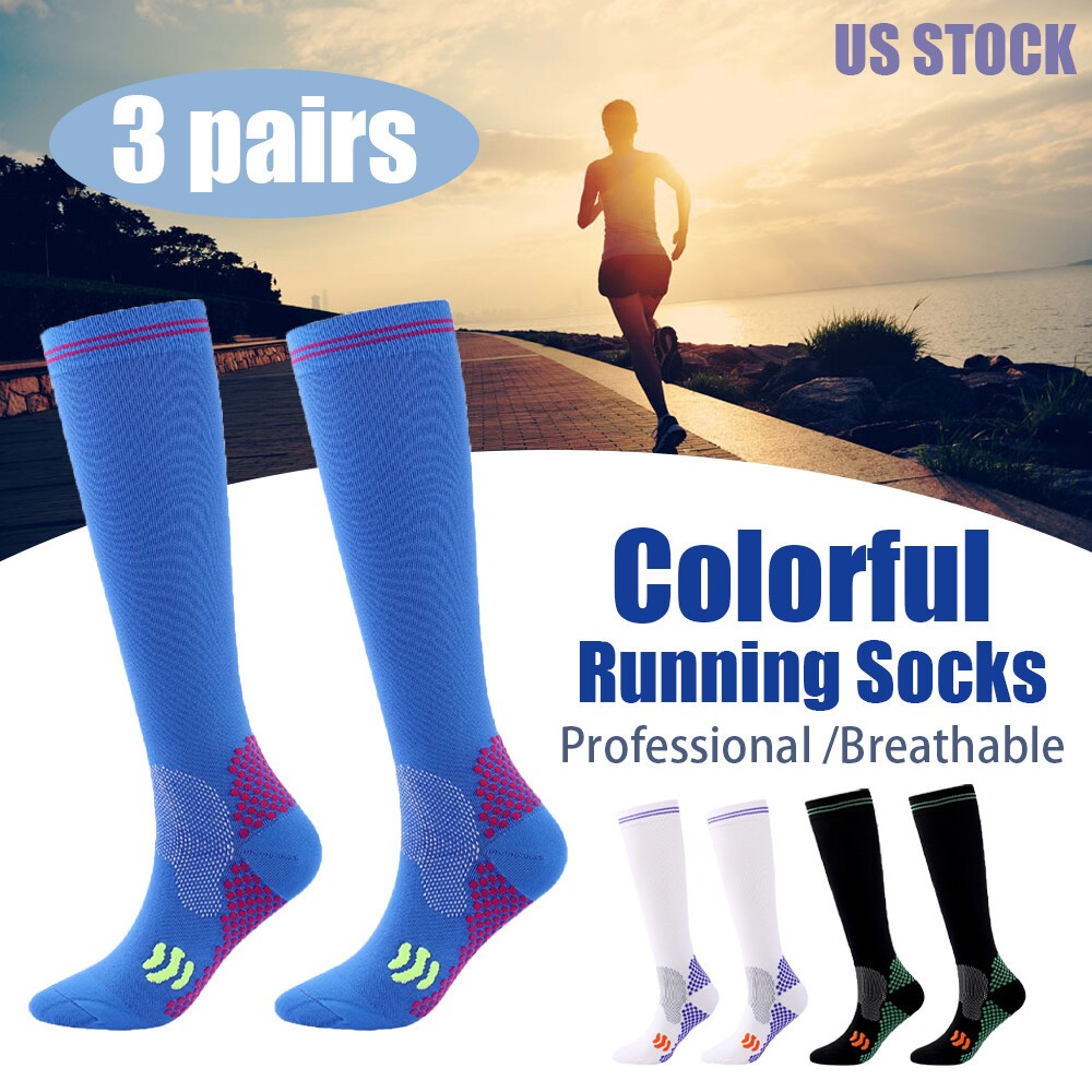 3 Pair Women Firm Compression Hose Opaque Knee High Wide Calf Black+Blue+White