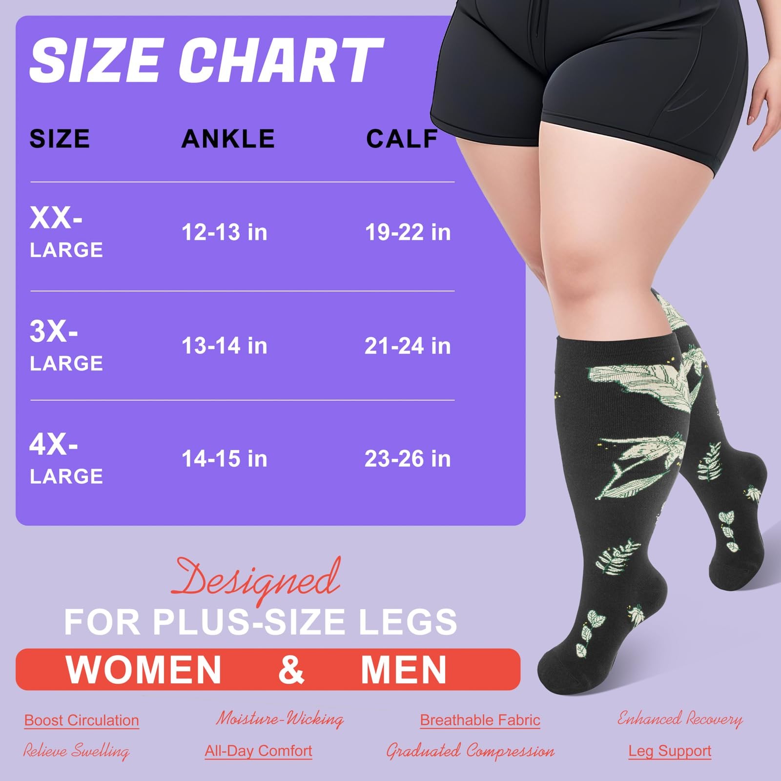4 Pairs Plus Size Compression Socks Extra Wide Calf 20-30 mmHg Knee High