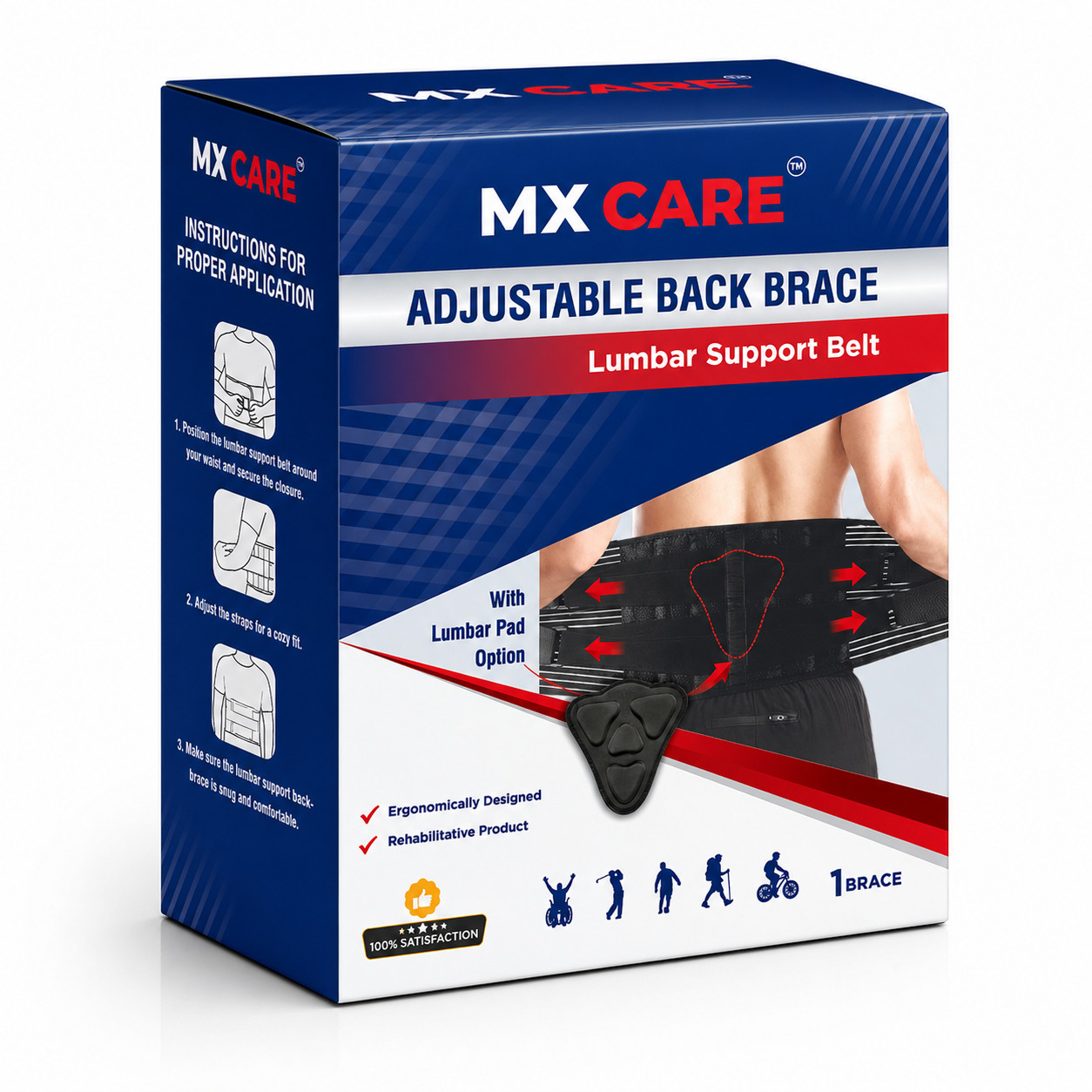 MX Care Back Brace With Lumbar Pad Option Black Color