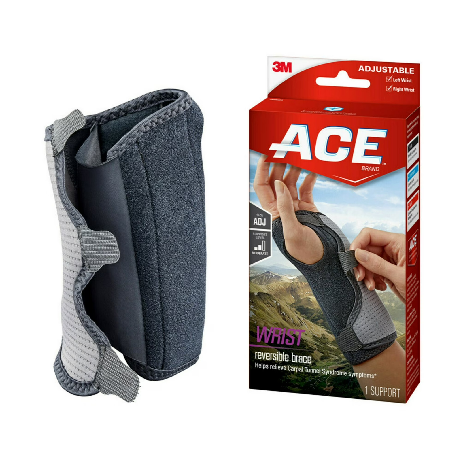 ACE Reversible Splint Wrist Brace Adjustable Black 1ct Stabilizes & Supports