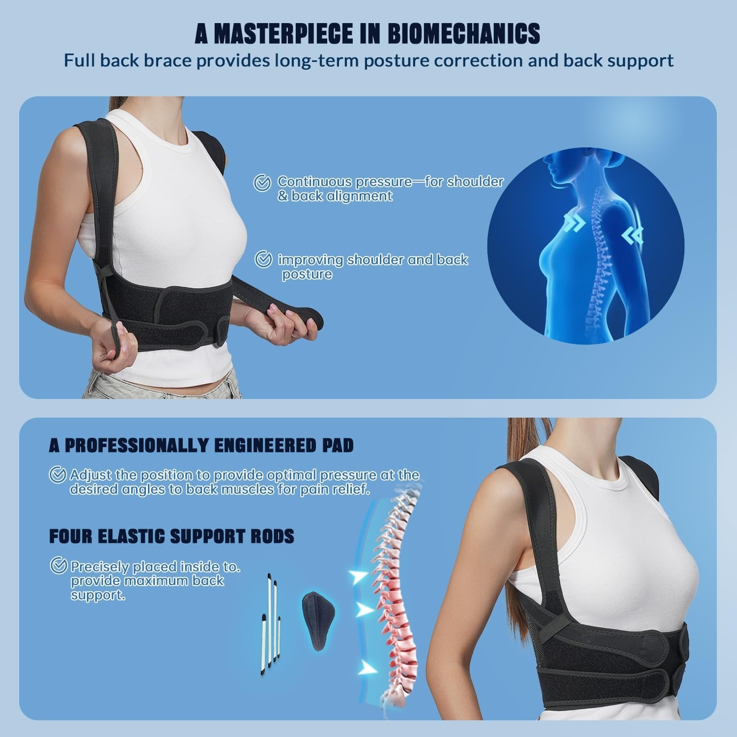 Adjustable Back Brace Posture Corrector with Detachable Pad for Pain Relief, Ful