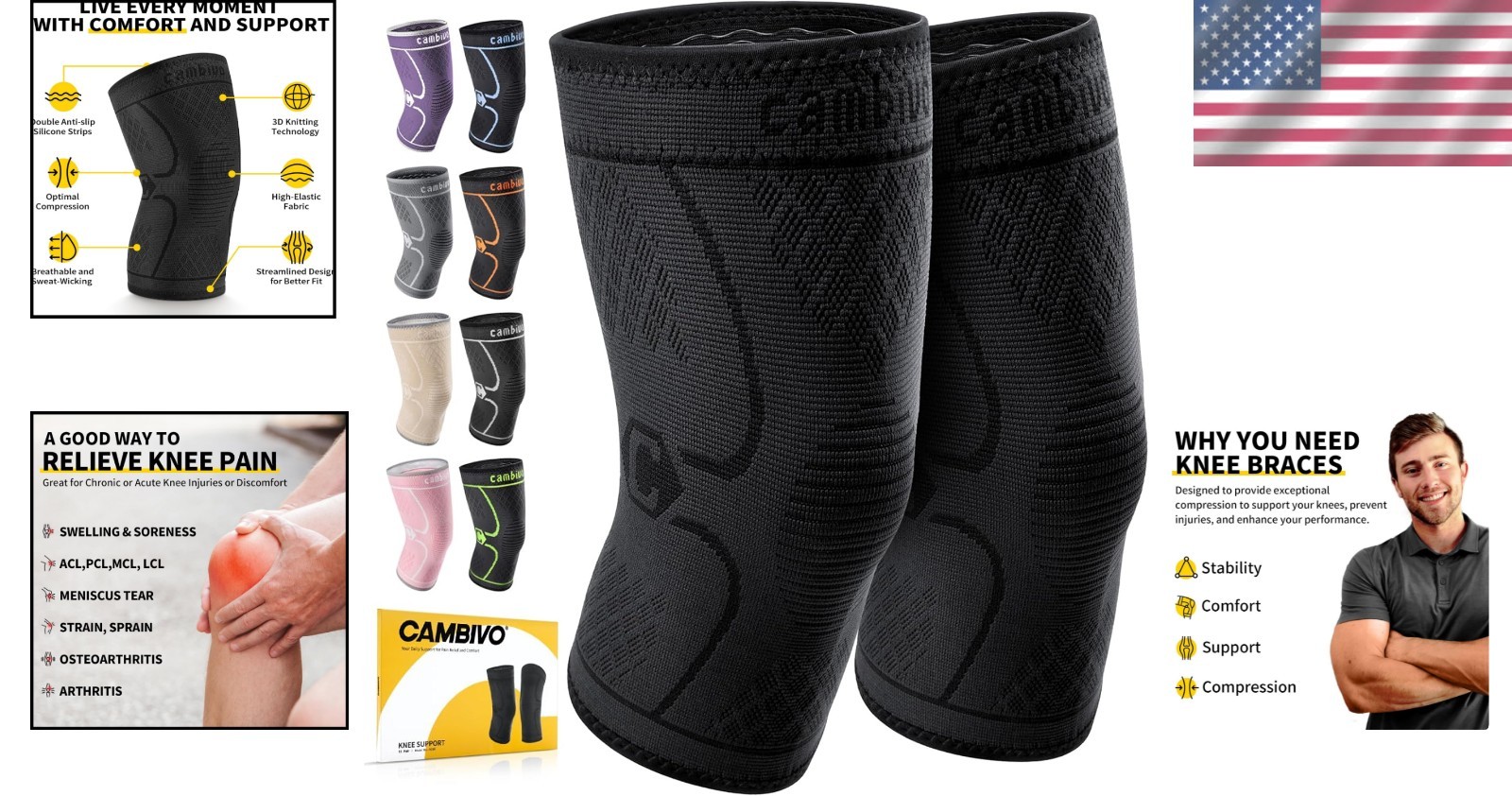 Active Knee Support: 2 Pack Compression Sleeves for Running & Weightlifting