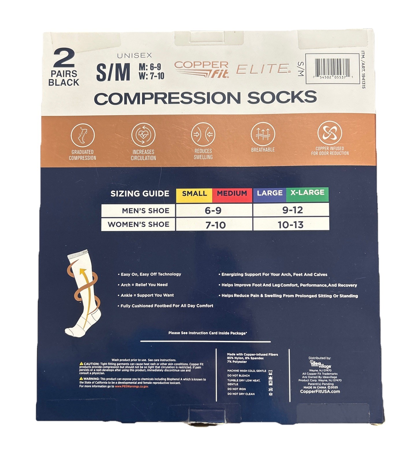 2 Pairs Compression Socks by Copper Fit Knee High Black S/M