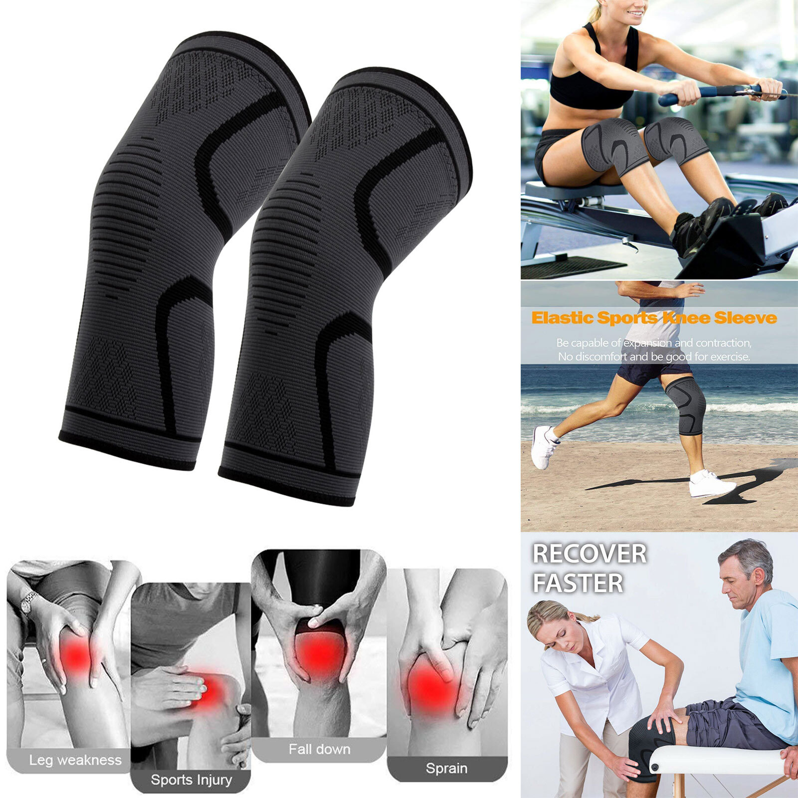 2PCS Knee Sleeve Compression Brace Support Sport Gym Joint Pain Arthritis Relief