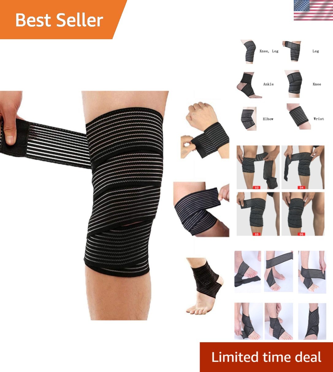 Extra Long 180 cm Elastic Knee Wrap Compression Brace for Active Adults