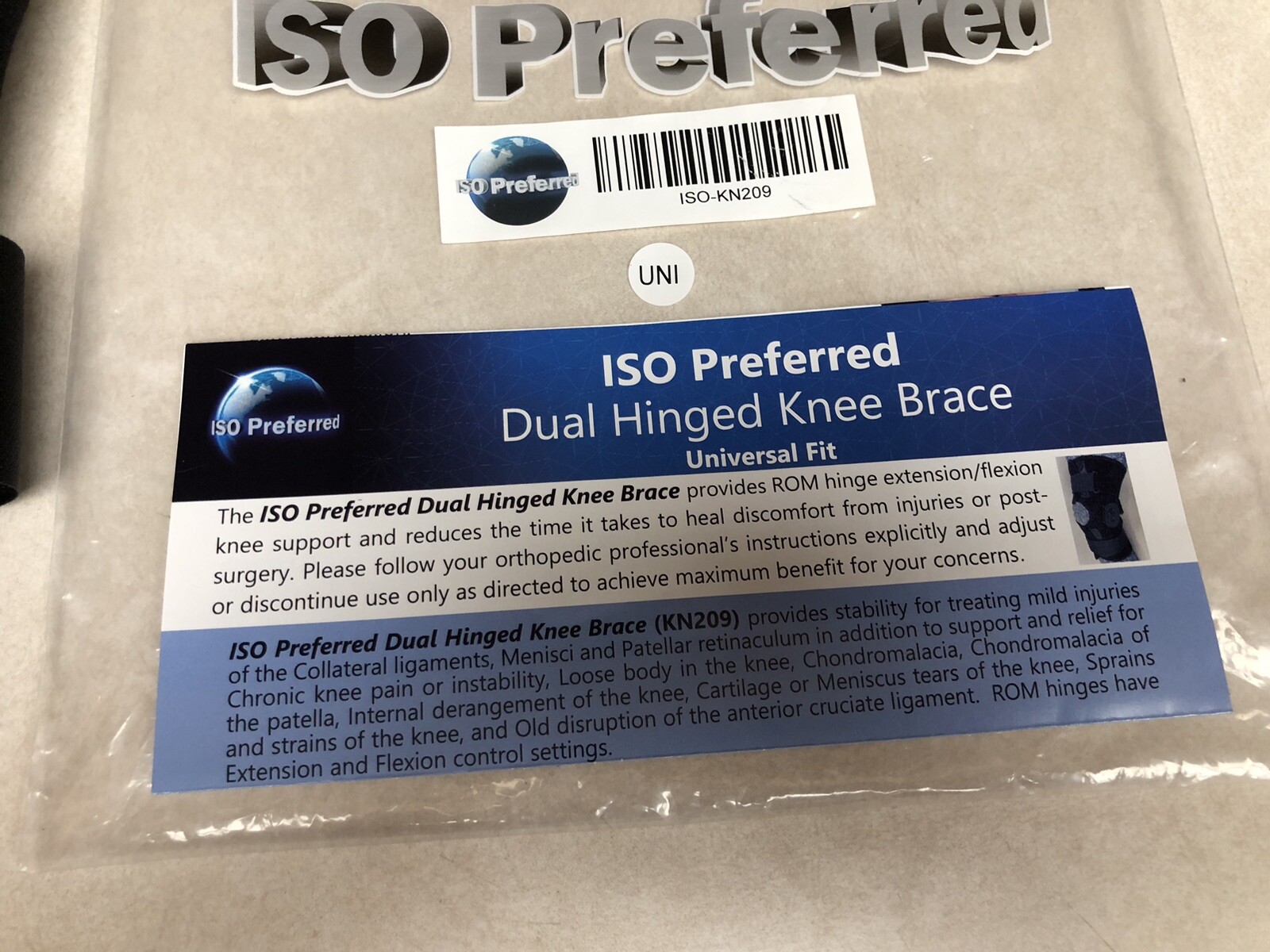 ISO Preferred Dual Hinged Knee Brace Universal One Size Black KN209 New