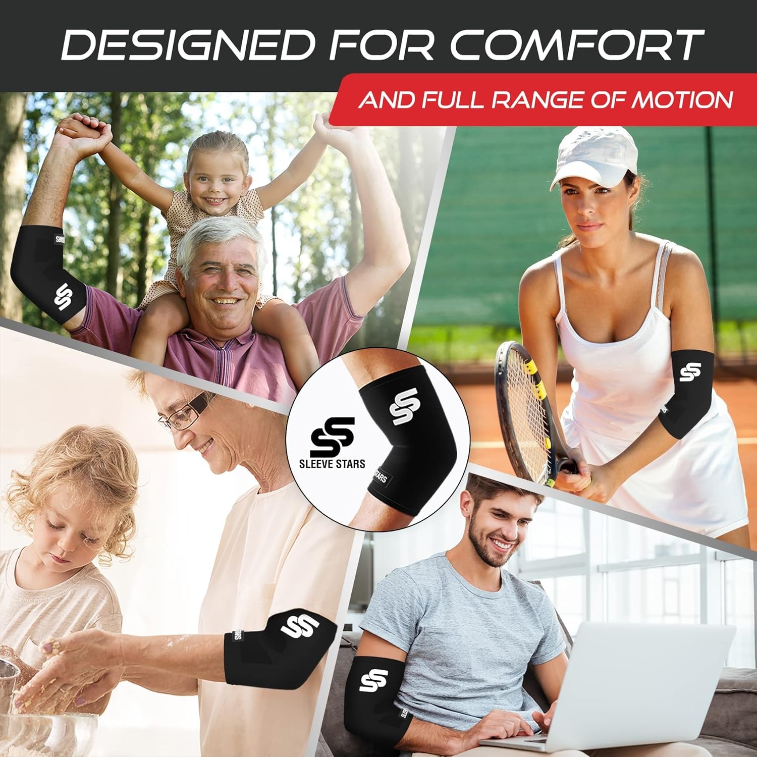 Sleeve Stars Elbow for Pain Relief & Protection – S: 7-8.5, Black