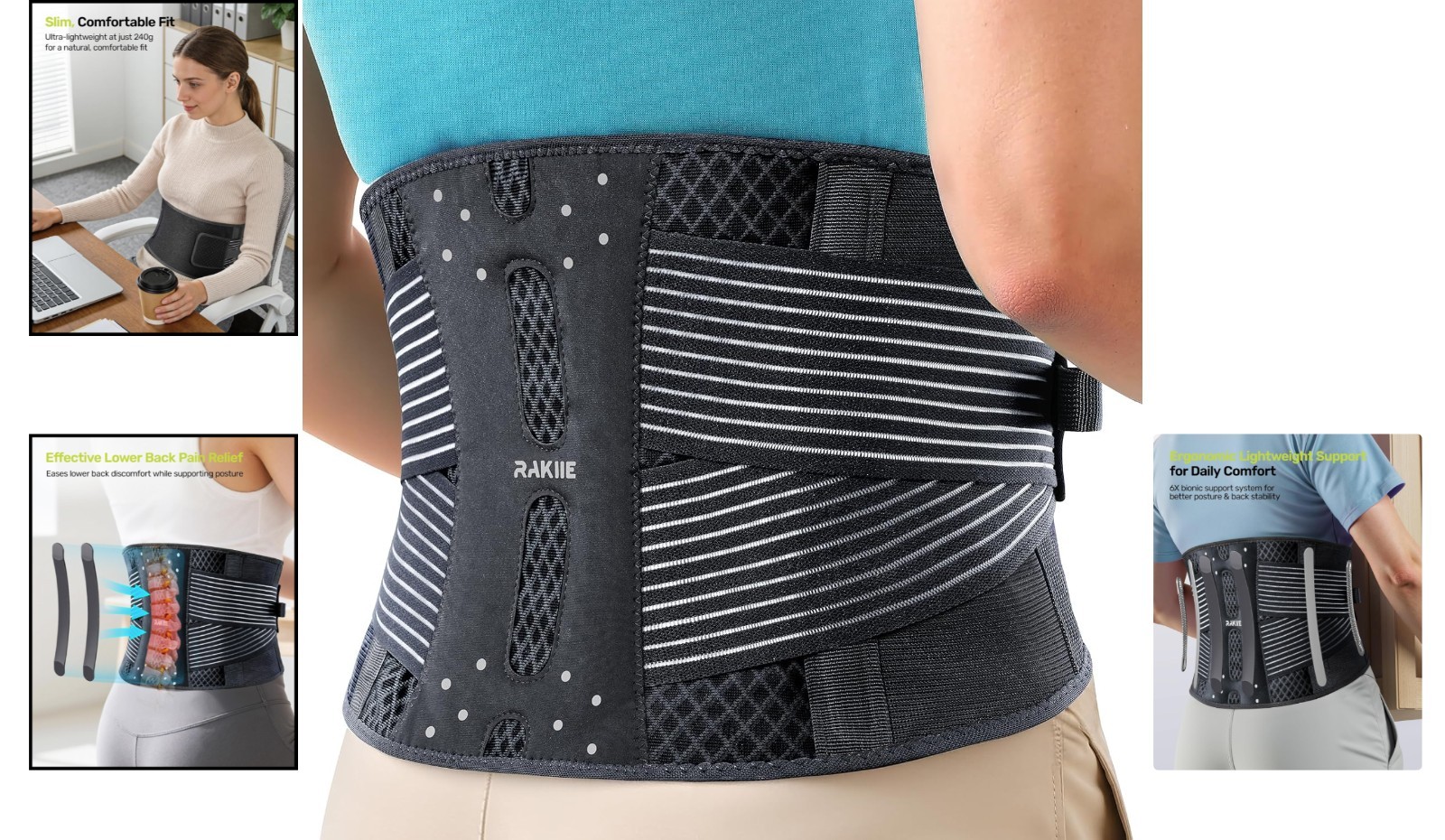 Lightweight Slim Back Brace for Lower Back Pain Relief – Size L in Light Gray