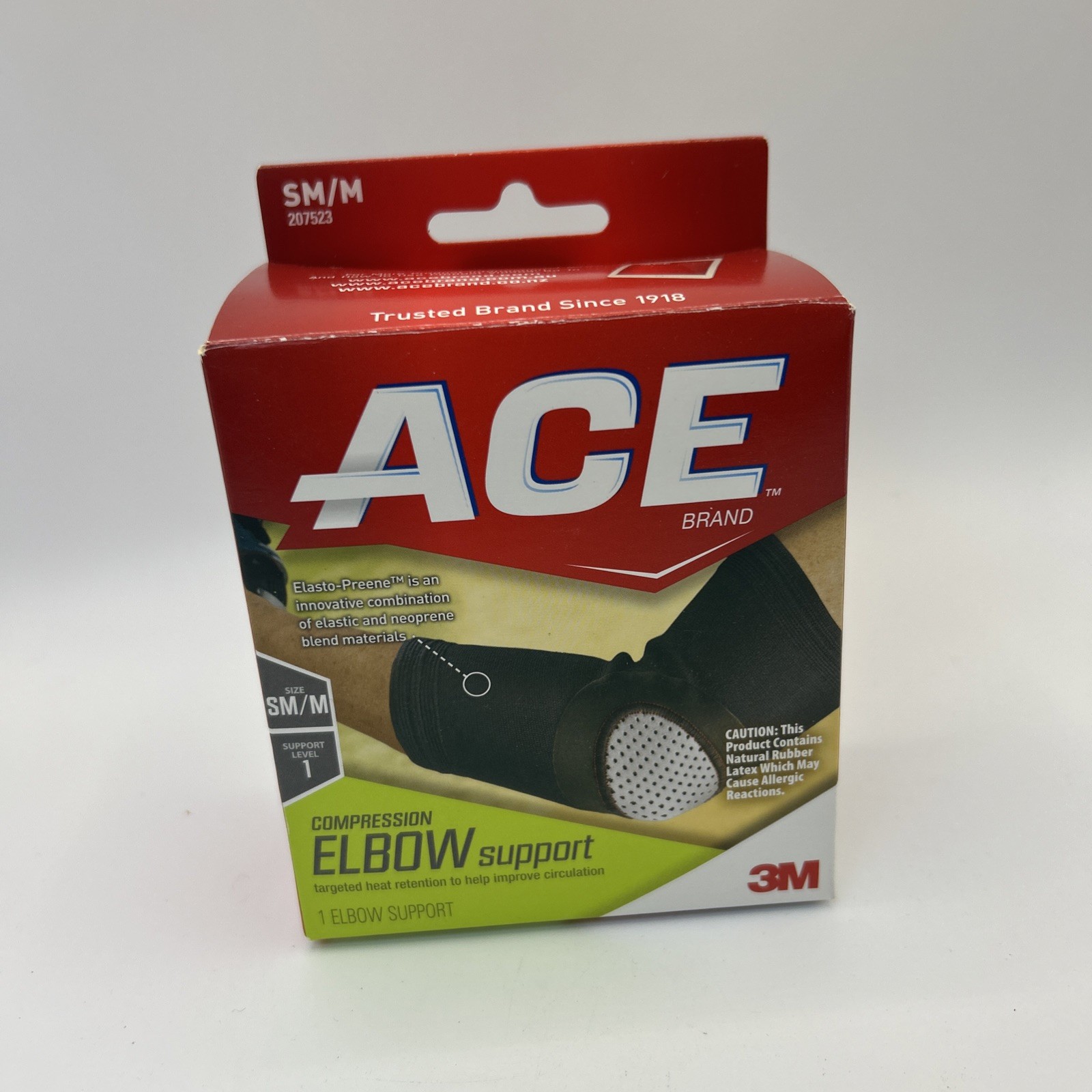 ACE Elasto-Preene Elbow Support, Black with Gray Small/Medium Worn Box