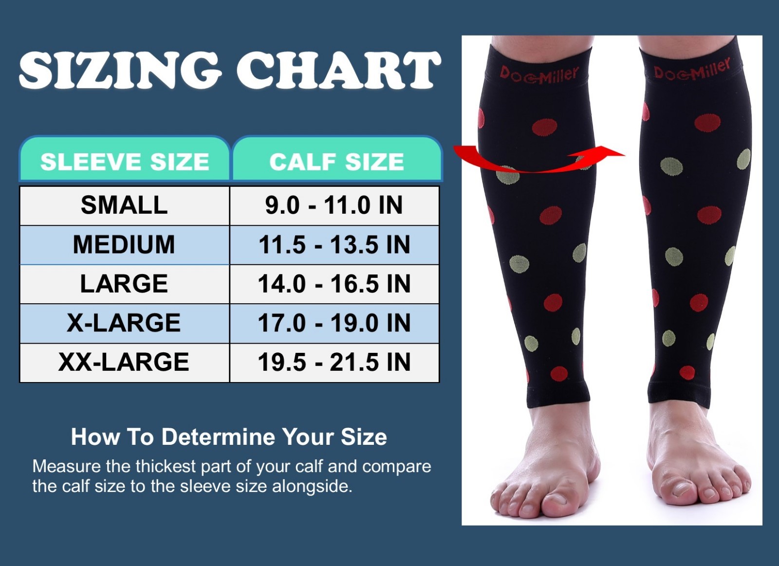 Doc Miller Calf Compression Sleeve 1Pair 20-30mmHg Varicose Polka Dot BLK/REDGRN