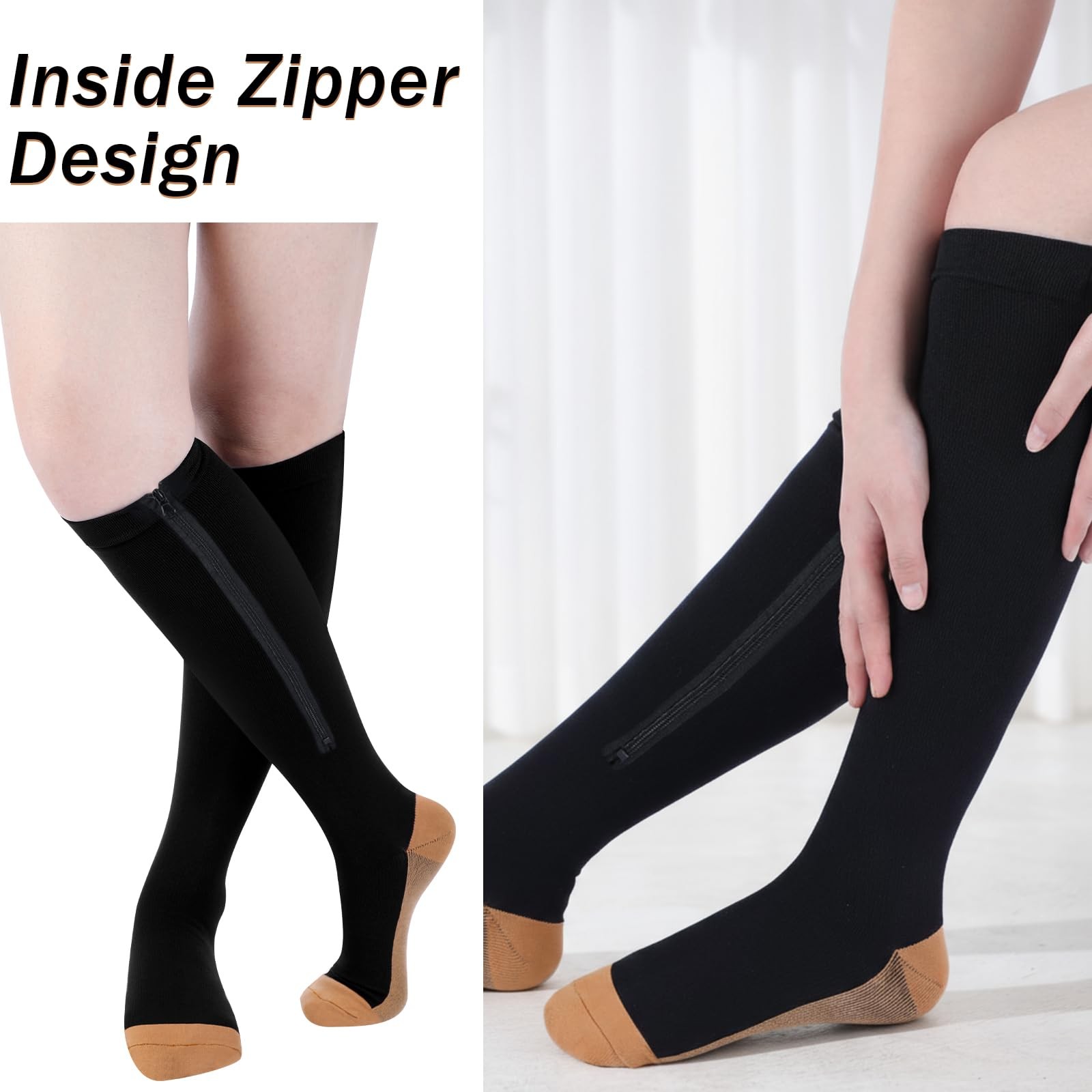 Tarpop 4 Pair Zipper Compression Socks Closed Toe 20-30 Mmhg Calf Knee High Comp