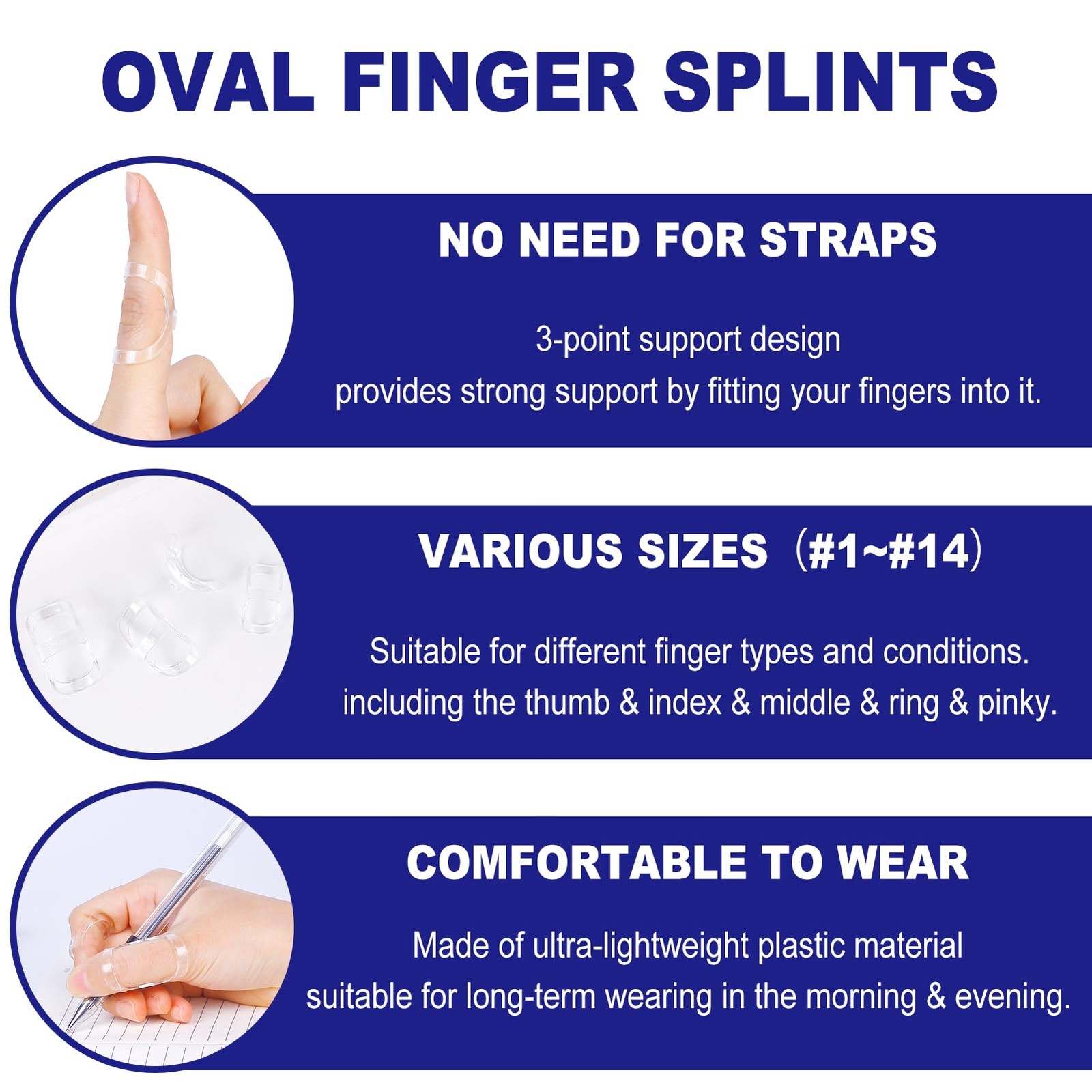 10Pcs Clear Oval Finger Splints & Sleeves Kit, 6 Size 4,5,6,7,8,9,