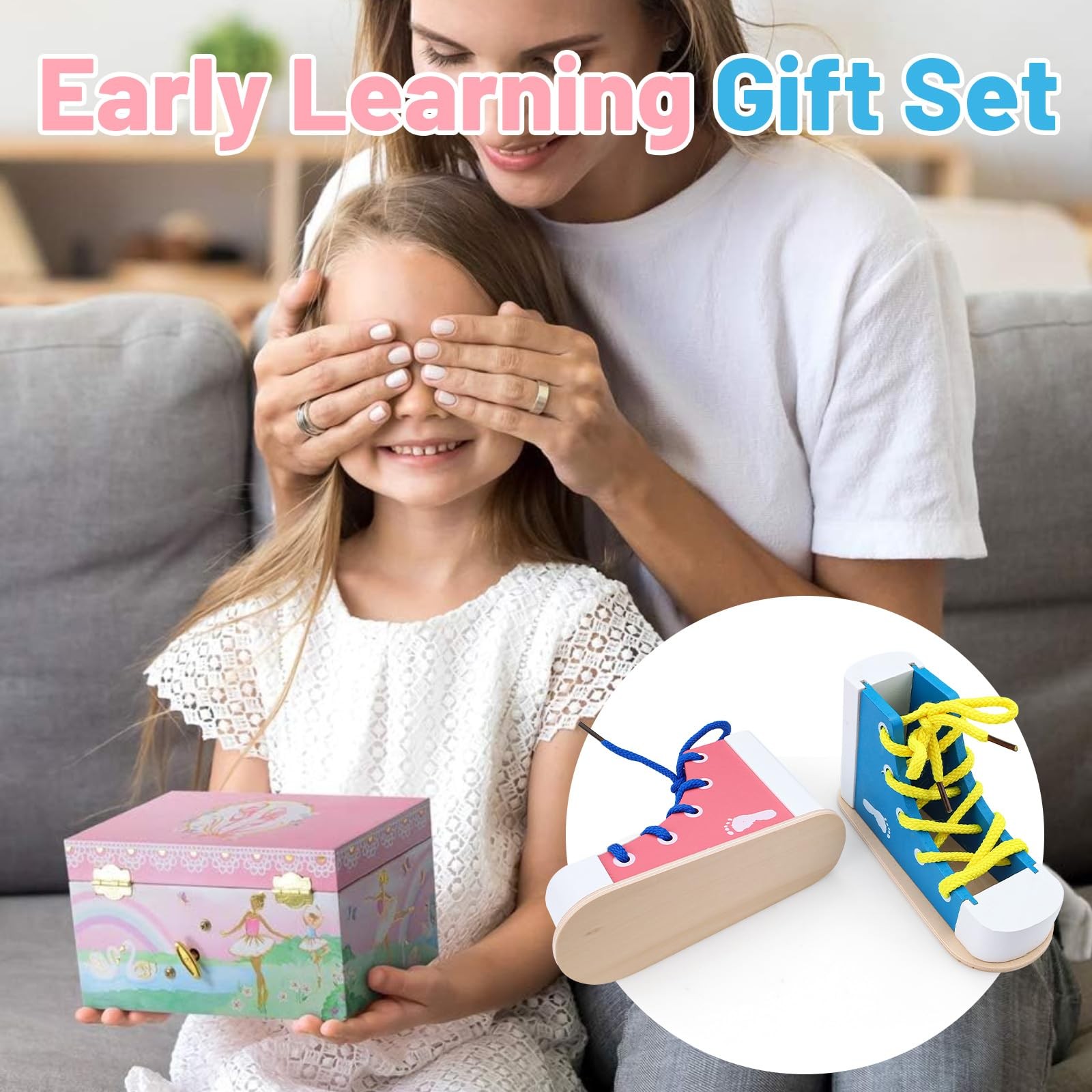 2 Pack Wooden Shoe Tying Practice Kit with Blue and Pink Laces, Instructional…