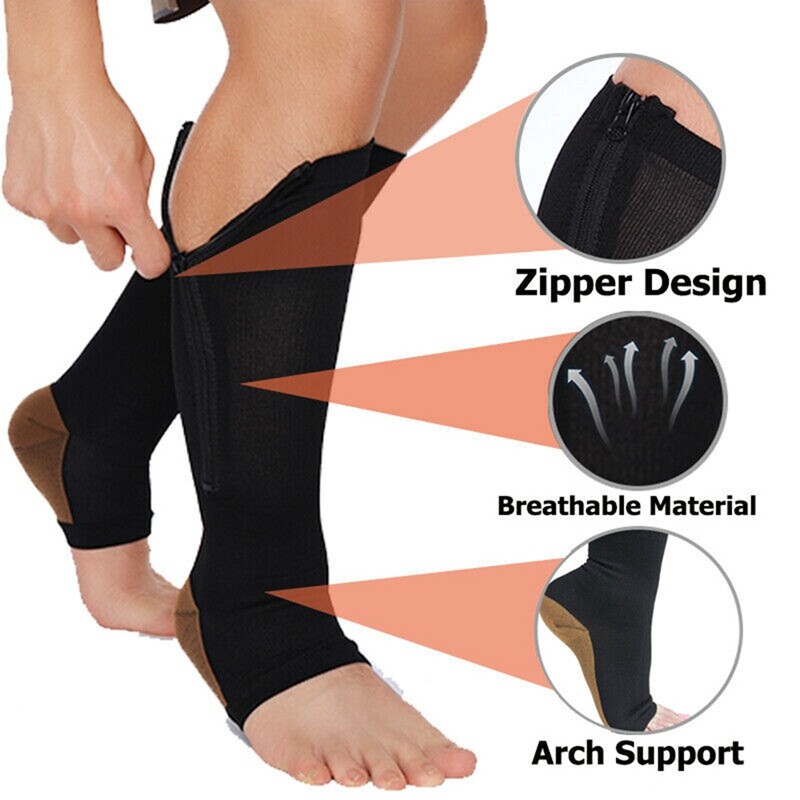 3-Pair Zipper Compression Socks for Men/Women 20-30mmHg with Open Toe Knee High