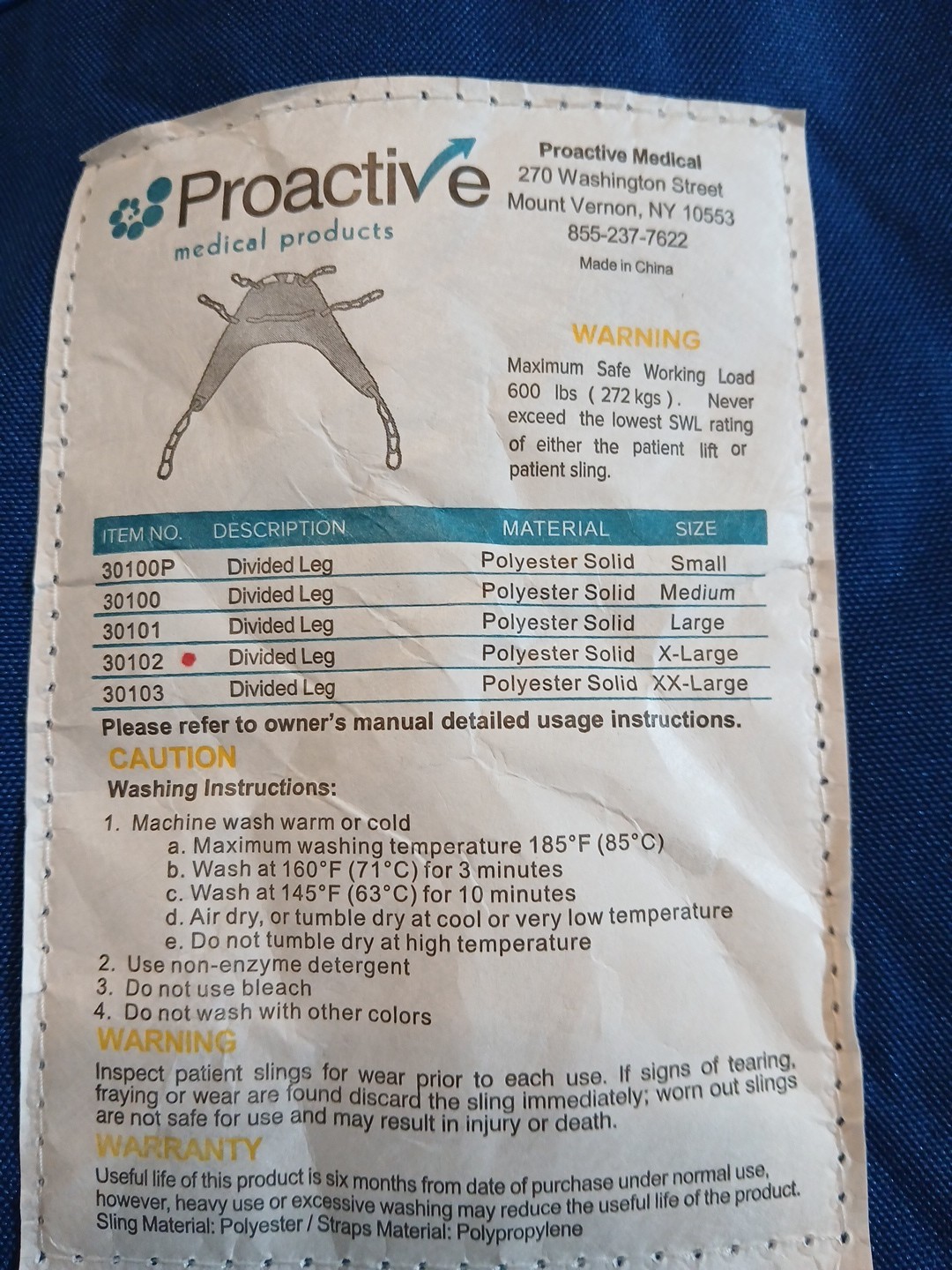Proactive Hoyer Sling Divided Leg Sling, X-Large, 600 lbs Unused