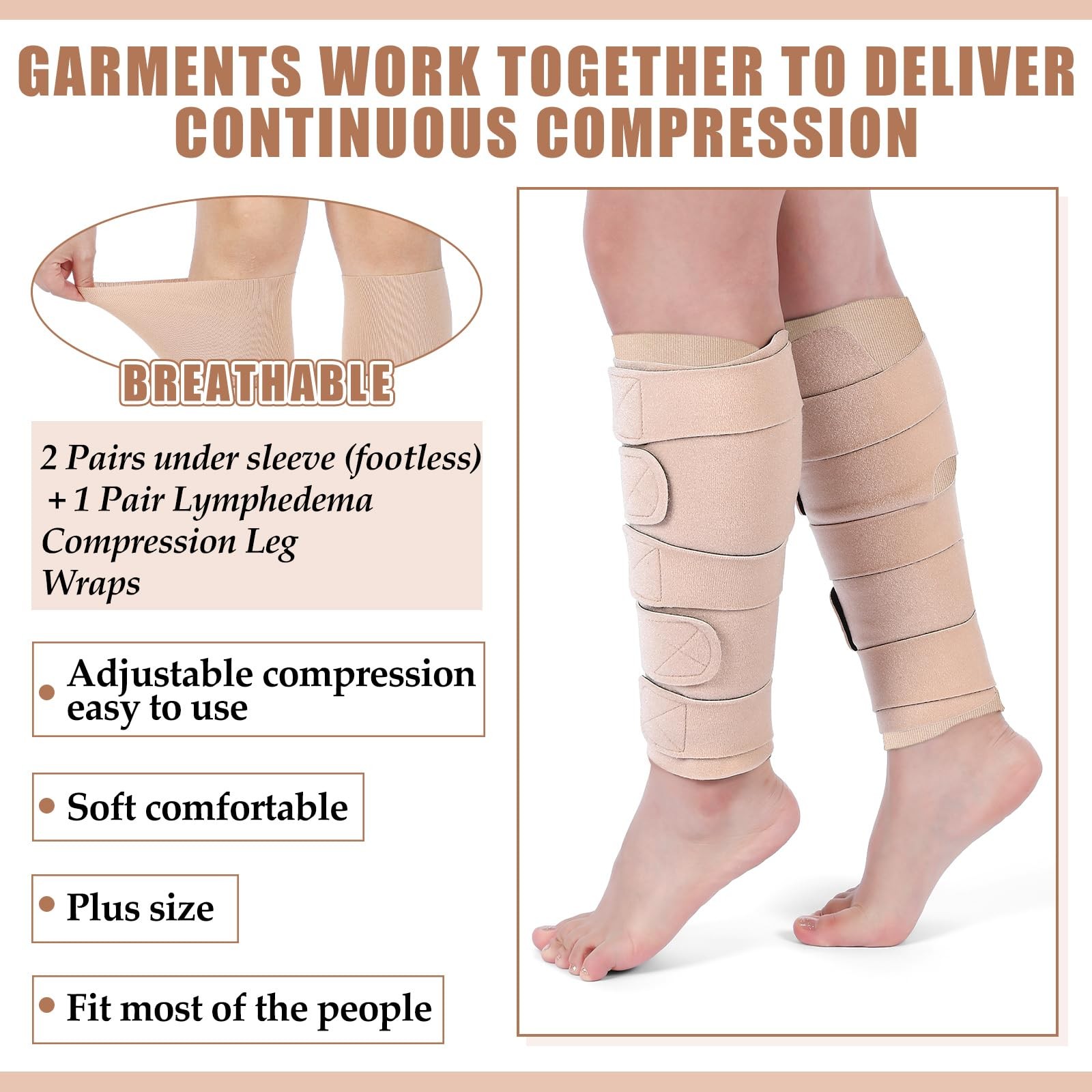 3 Pairs Lymphedema Compression Leg Wraps Adjustable Lower Leg Cover up Medica…