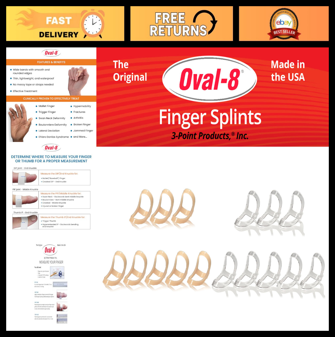 Multi-Size Oval 8 Finger Splint Pack – Sizes 4, 5, 6 for Pain Relief & Support