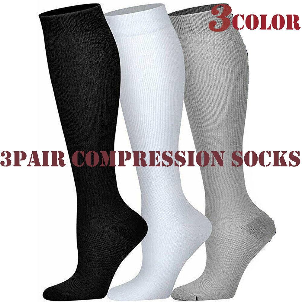 3 Pair Compression Socks Wide Calf Nylon + Spandex Knee High Support Stockings