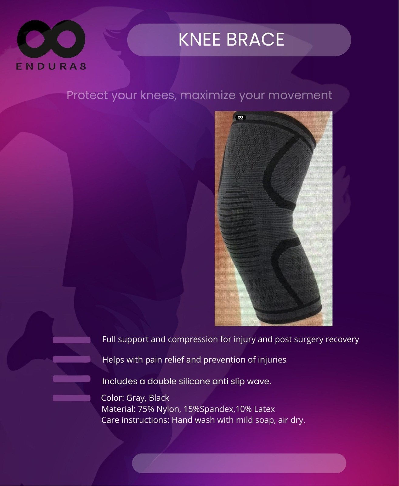 knee brace, support compression sleeves for men and women, small, medium, large.