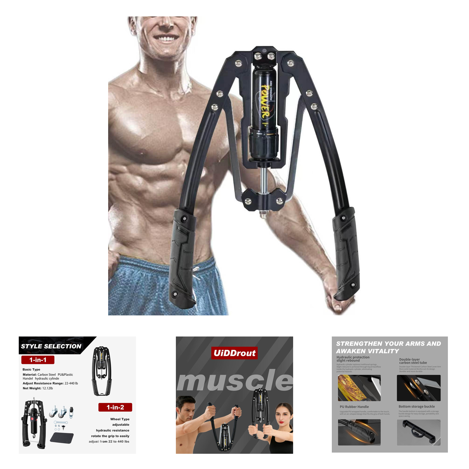 Hydraulic Arm Exerciser 3-in-1 Chest Expander Ab Roller Adjustable Resistance