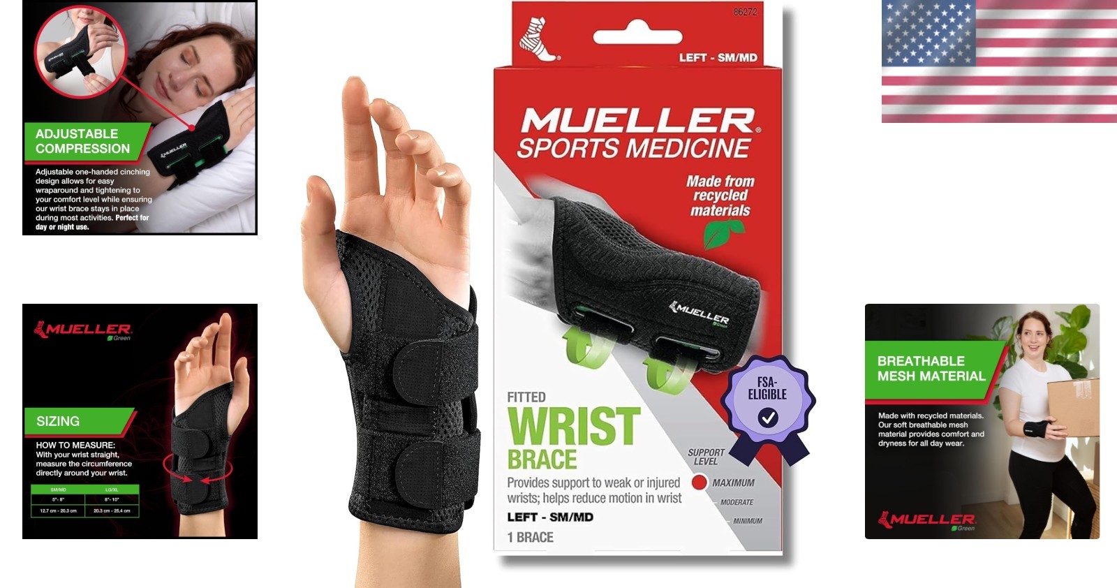 Sports Medicine Green Fitted Wrist Brace Black Small/medium