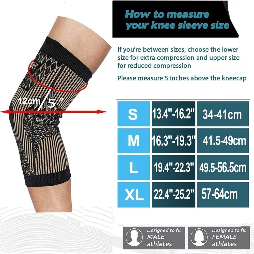 Copper Knee Support Compression Sleeve Joint Pain Relief Running Sizes S-XXL