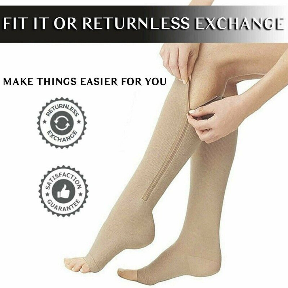 Zipper Compression Socks Knee High Open Toe Stockings 20-30 mmhg for Diabetic