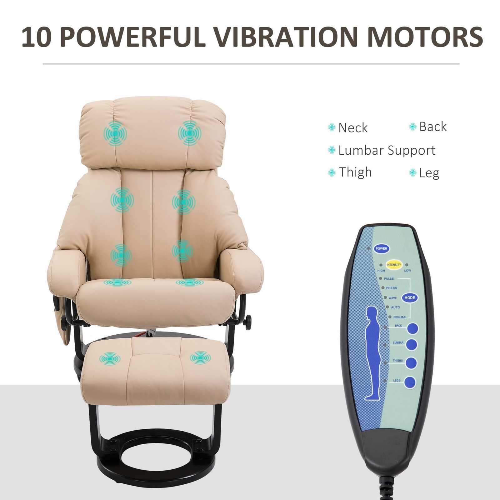 Beige Massage Recliner Chair with Ottoman, 10 – Point Vibrating Heat Function