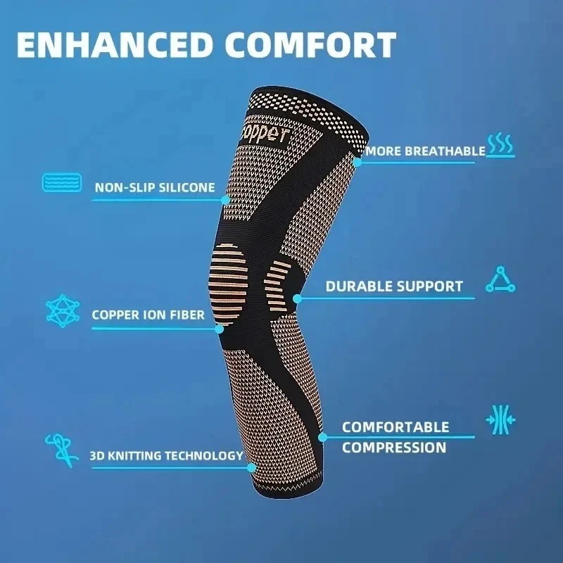 1pc Copper Compression Knee Sleeve Support Brace Stretchable Full Leg Knit Breat