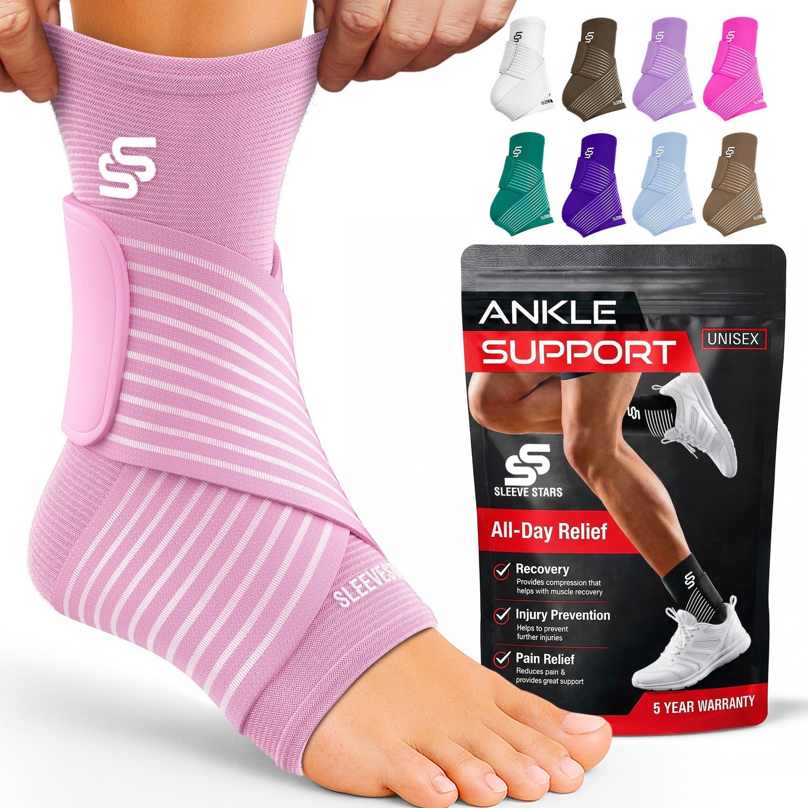 Sleeve Stars Ankle Brace for Women & Men, Wrap Large, Baby Pink
