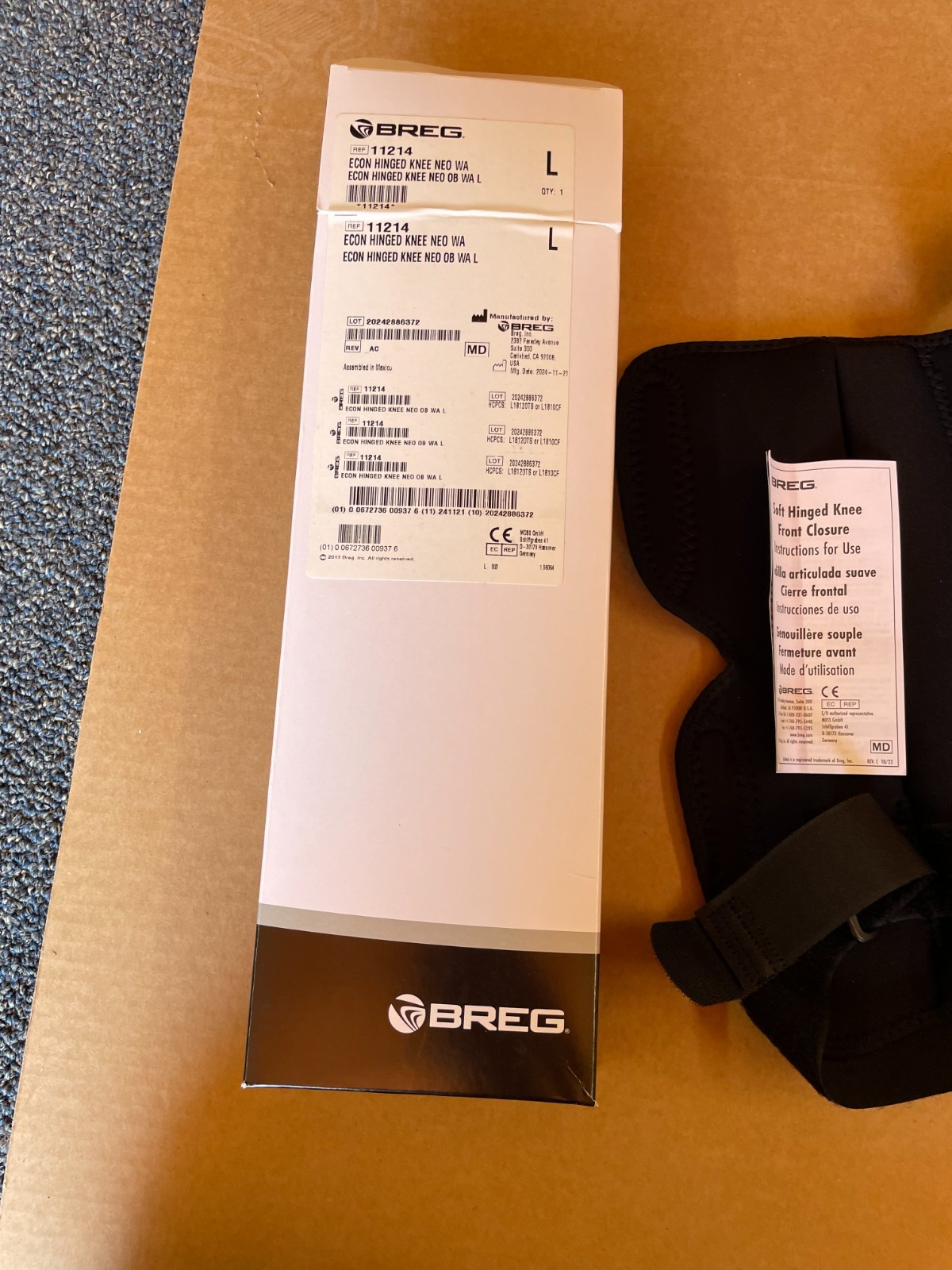 Breg Econ Hinged Knee Brace Large L Wraparound Open Back Black Orthopedic 11214