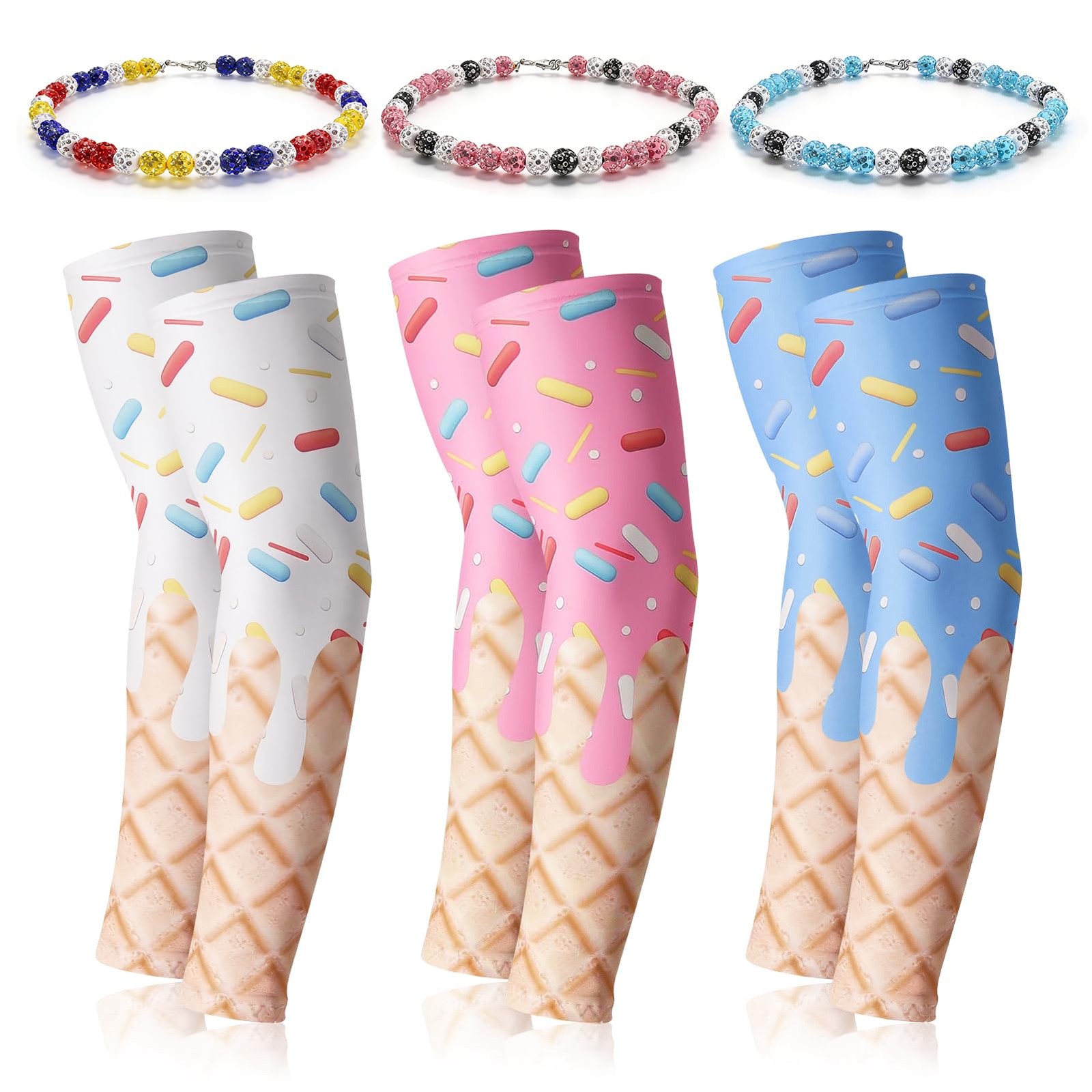 6 Pcs Ice Cream Drip Baseball Arm Sleeves & Beaded Necklace, Youth UV Protect…