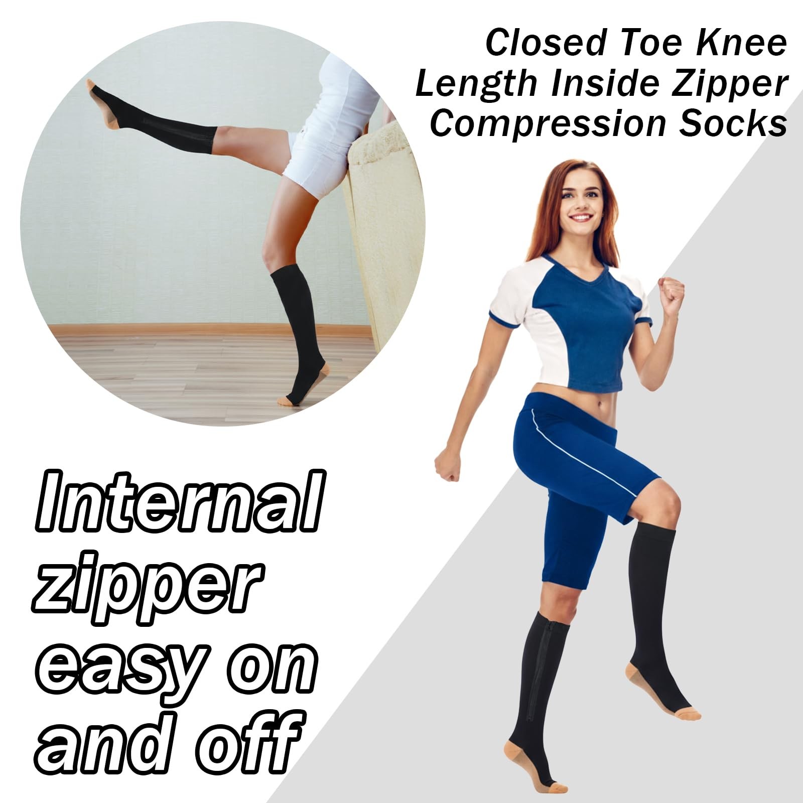 Tarpop 4 Pair Zipper Compression Socks Closed Toe 20-30 Mmhg Calf Knee High Comp