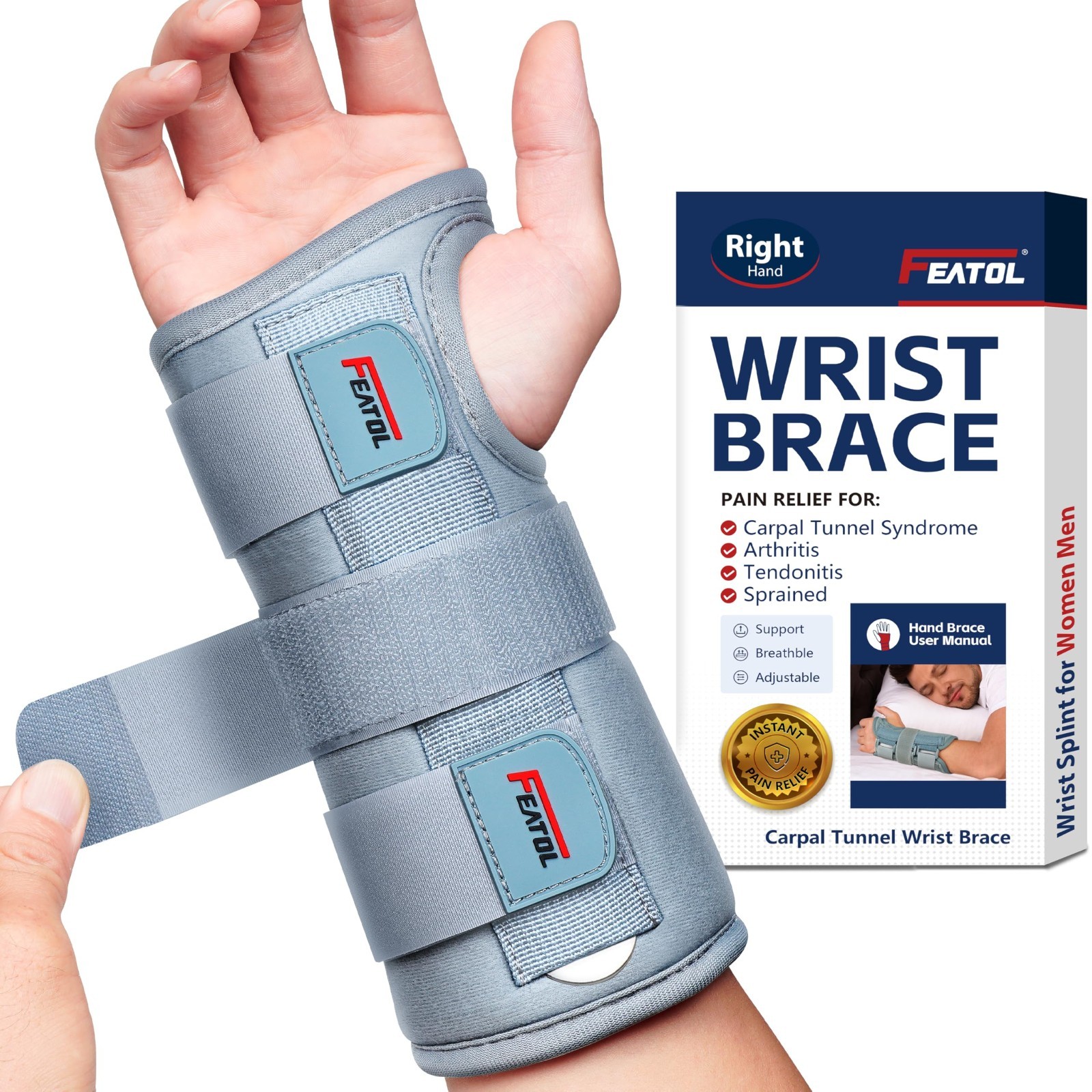 Adjustable Carpal Tunnel Wrist Brace for Men & Women, Night Sleep Support, Right