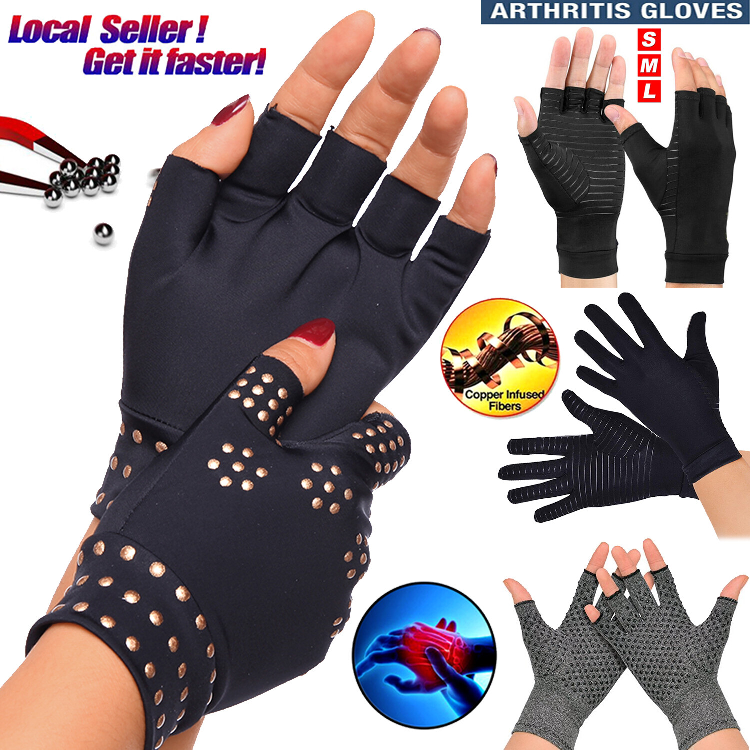Compression Copper Arthritis Gloves Hand Brace for Finger Pain Relief Support L6