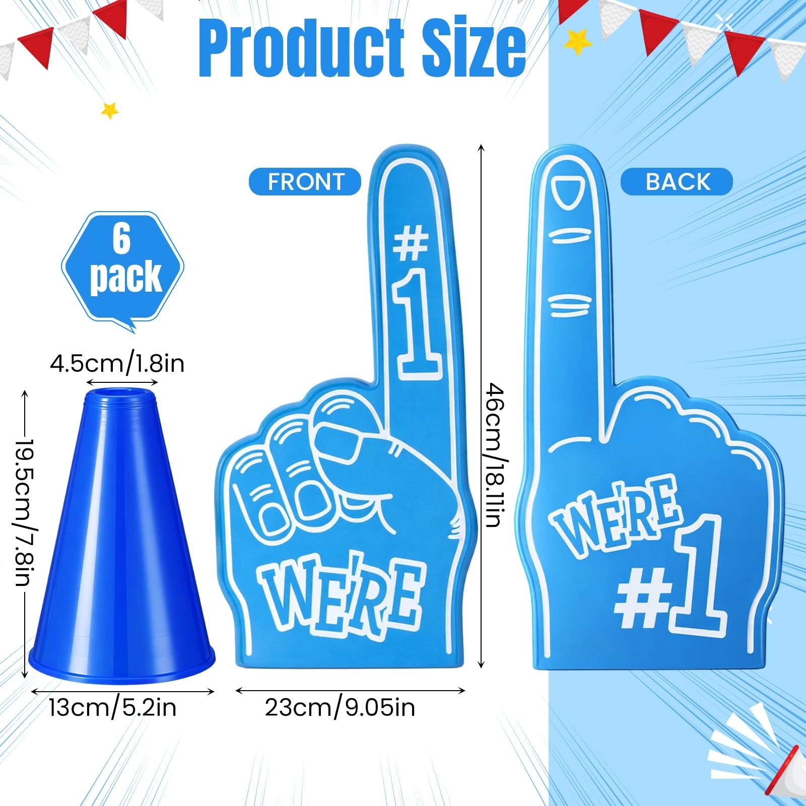 12 Pcs Giant Foam Finger 18 Inch and Blue Plastic Cheer Megaphone 8 Inch, We’…