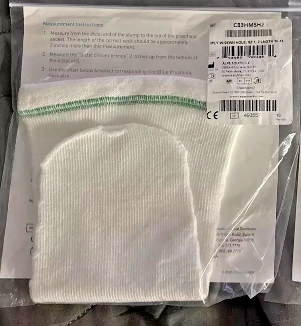 COOL BLUE Prosthetic Socks Green 3 Ply ~ Size 1, 2 ~ Length 10-14″ CB3HMSH2