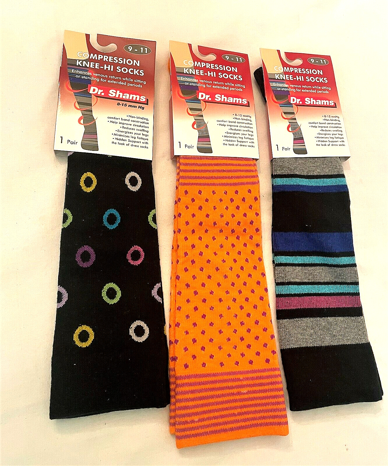 Compression Socks Size 9-11 Knee High Socks Dr. Shams Moderate 8-15 mm Hg 3 Pair