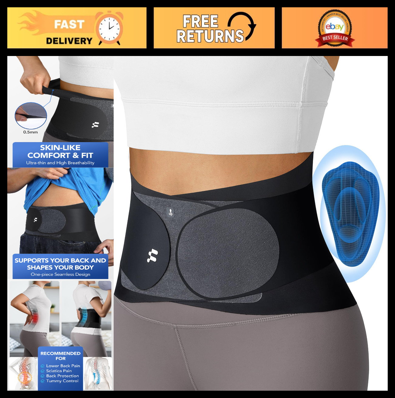Ultra Thin 0.5mm Back Brace with 3D Lumbar Pad, Lightweight Support for Pain Rel